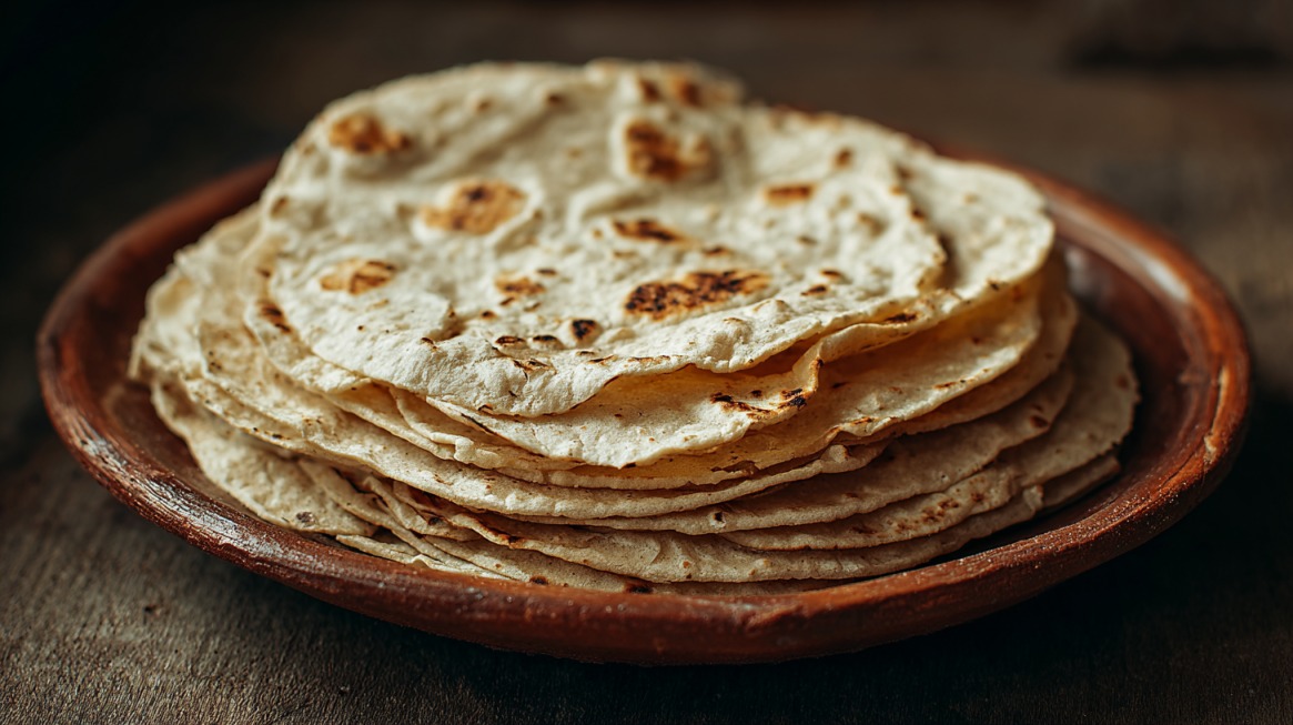 A stack of tortillas on a plate, slightly toasted with browned spots
