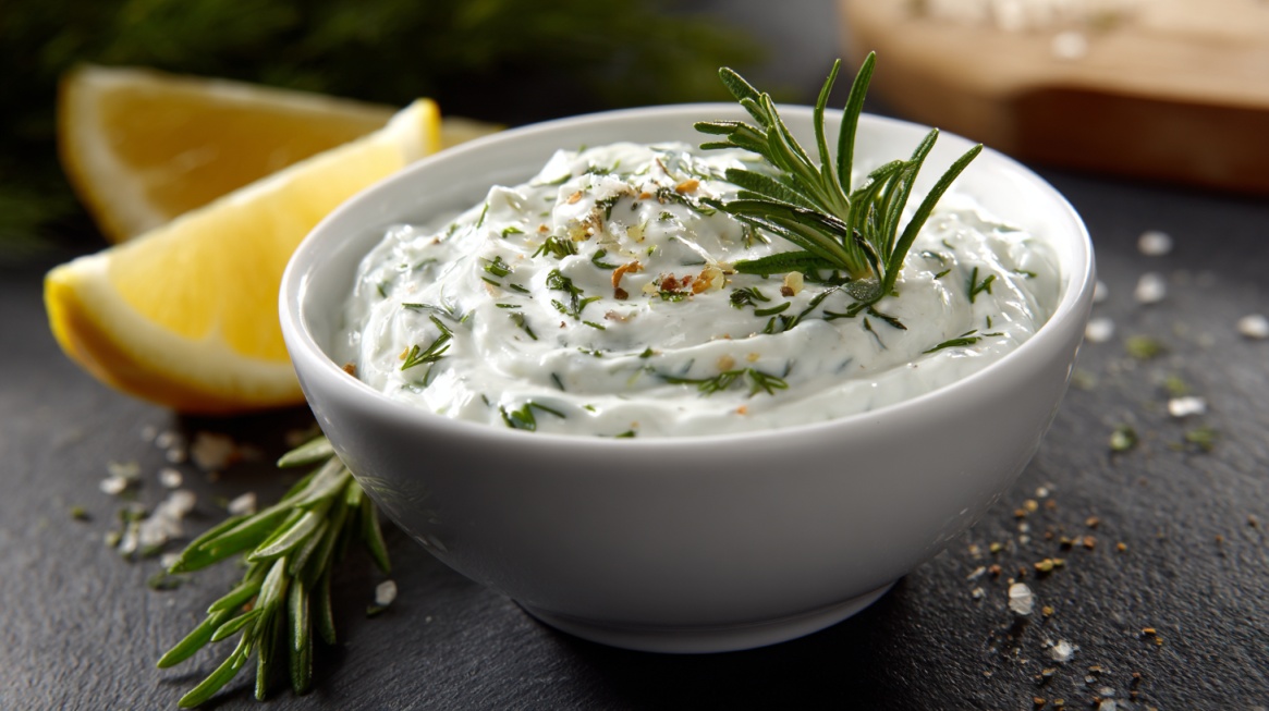 Bowl of sour cream mixed with fresh herbs, garnished with rosemary and served with a lemon wedge