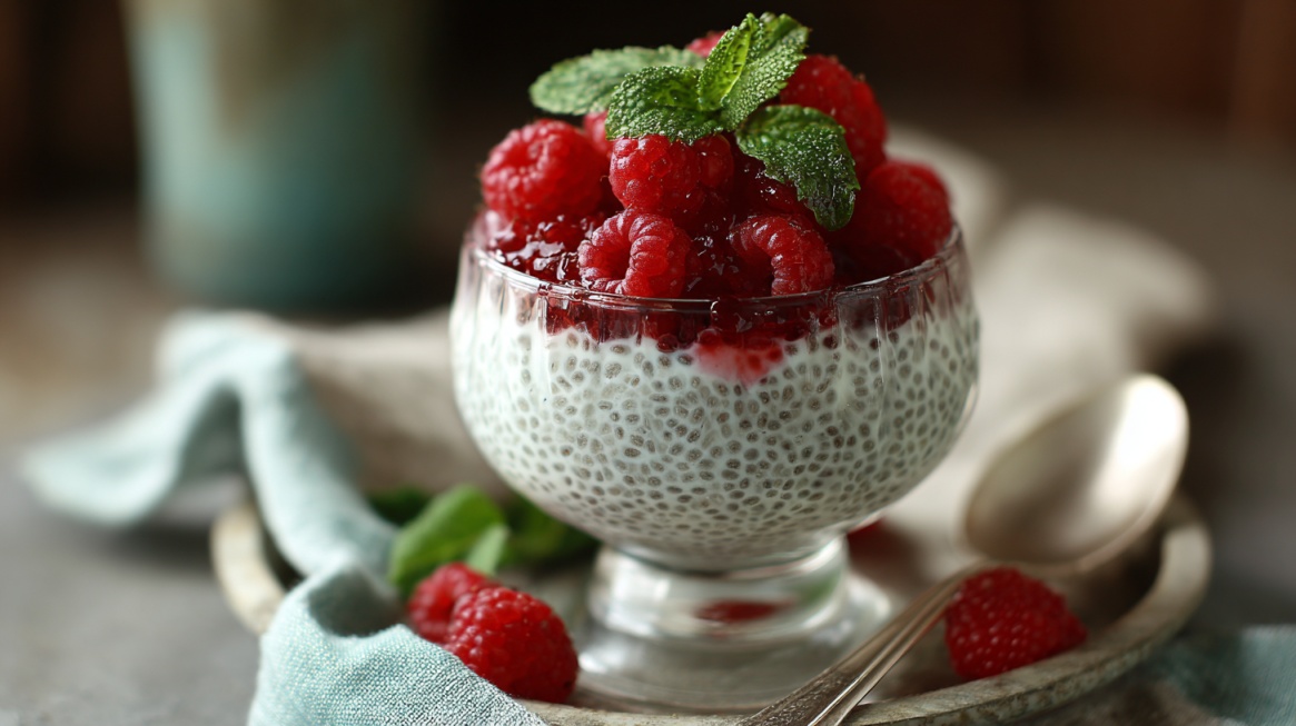 Glass dessert of chia pudding layered with raspberry topping and garnished with fresh raspberries and mint leaves