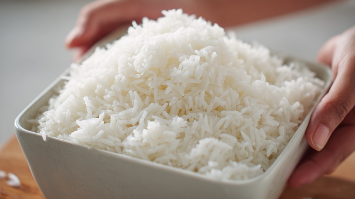 Hands holding a bowl filled with fluffy white rice