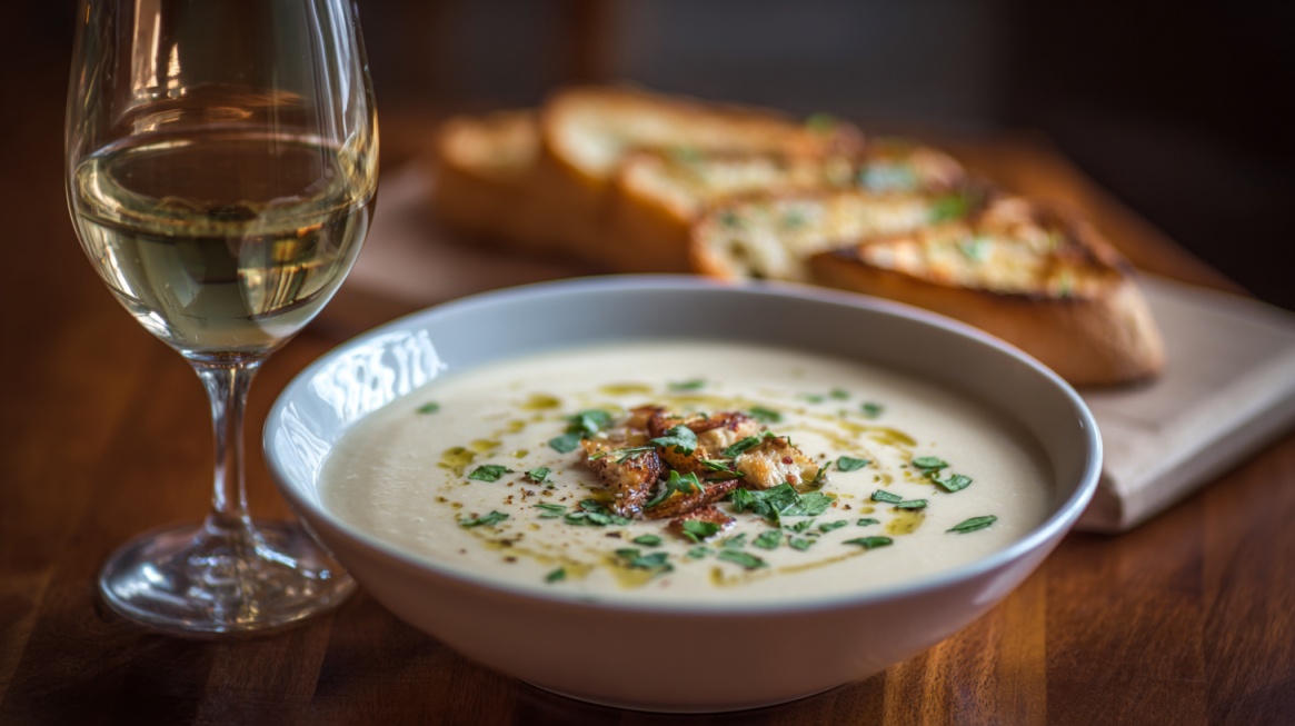 Creamy soup garnished with herbs and oil served with toasted bread and a glass of white wine
