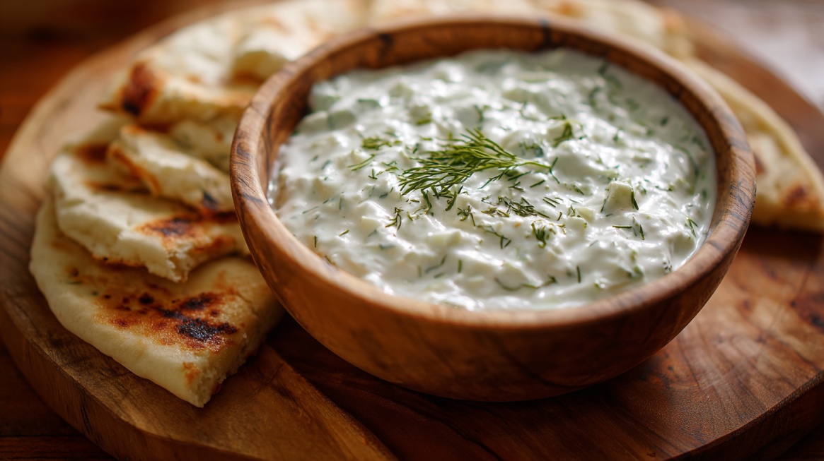 Bowl of tzatziki sauce with cucumber and dill, served with warm pita bread