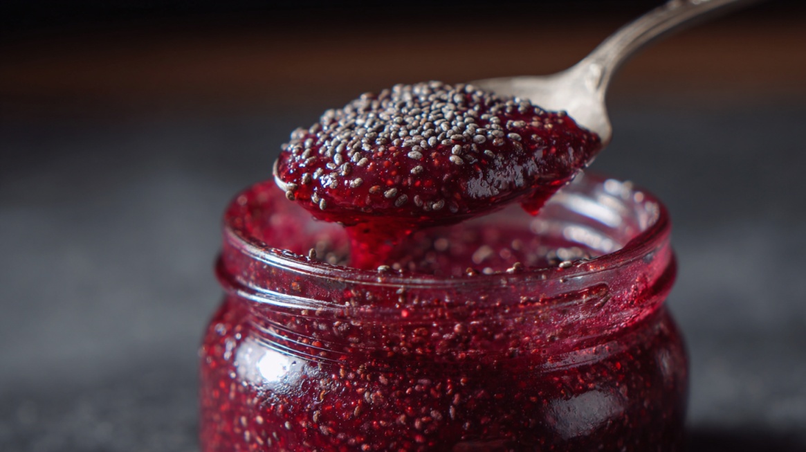 Spoon lifting thick berry jam with visible chia seeds from a glass jar