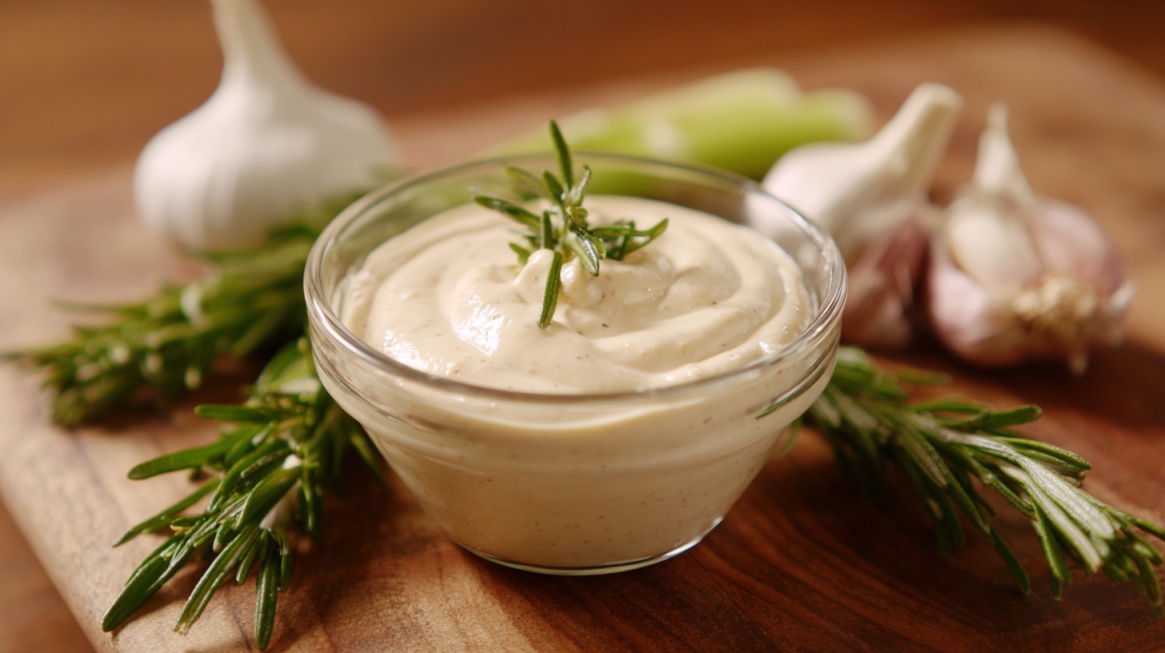Bowl of vegan mayo-based ranch dressing garnished with rosemary, surrounded by garlic and herbs