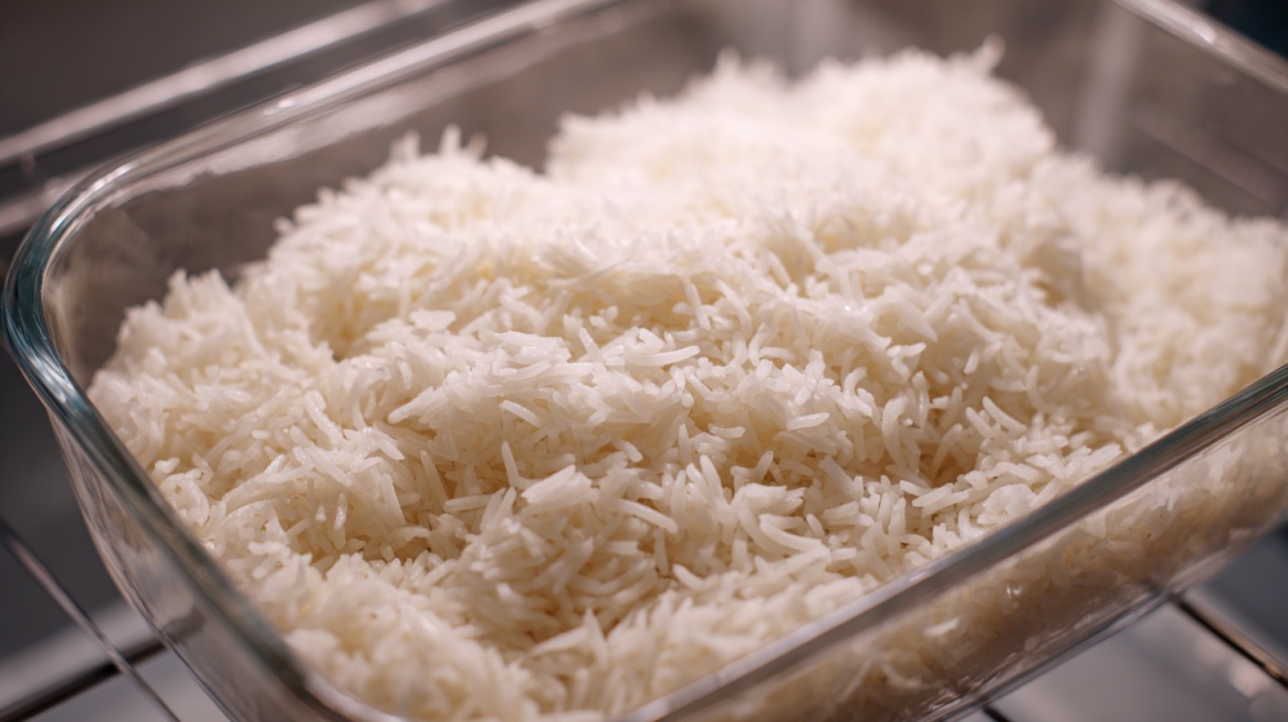 Close up of cooked white rice in a clear glass dish on a kitchen surface