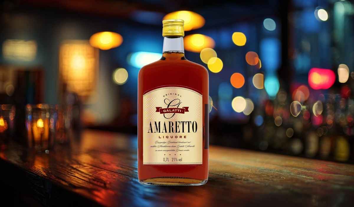Bottle of amaretto liqueur on a wooden bar with warm lights and colorful blurred background