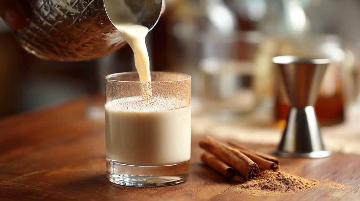 Creamy coquito being poured into a glass with cinnamon and spices on a wooden table