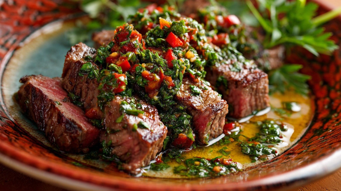 Grilled steak slices topped with red chimichurri sauce on a decorative plate