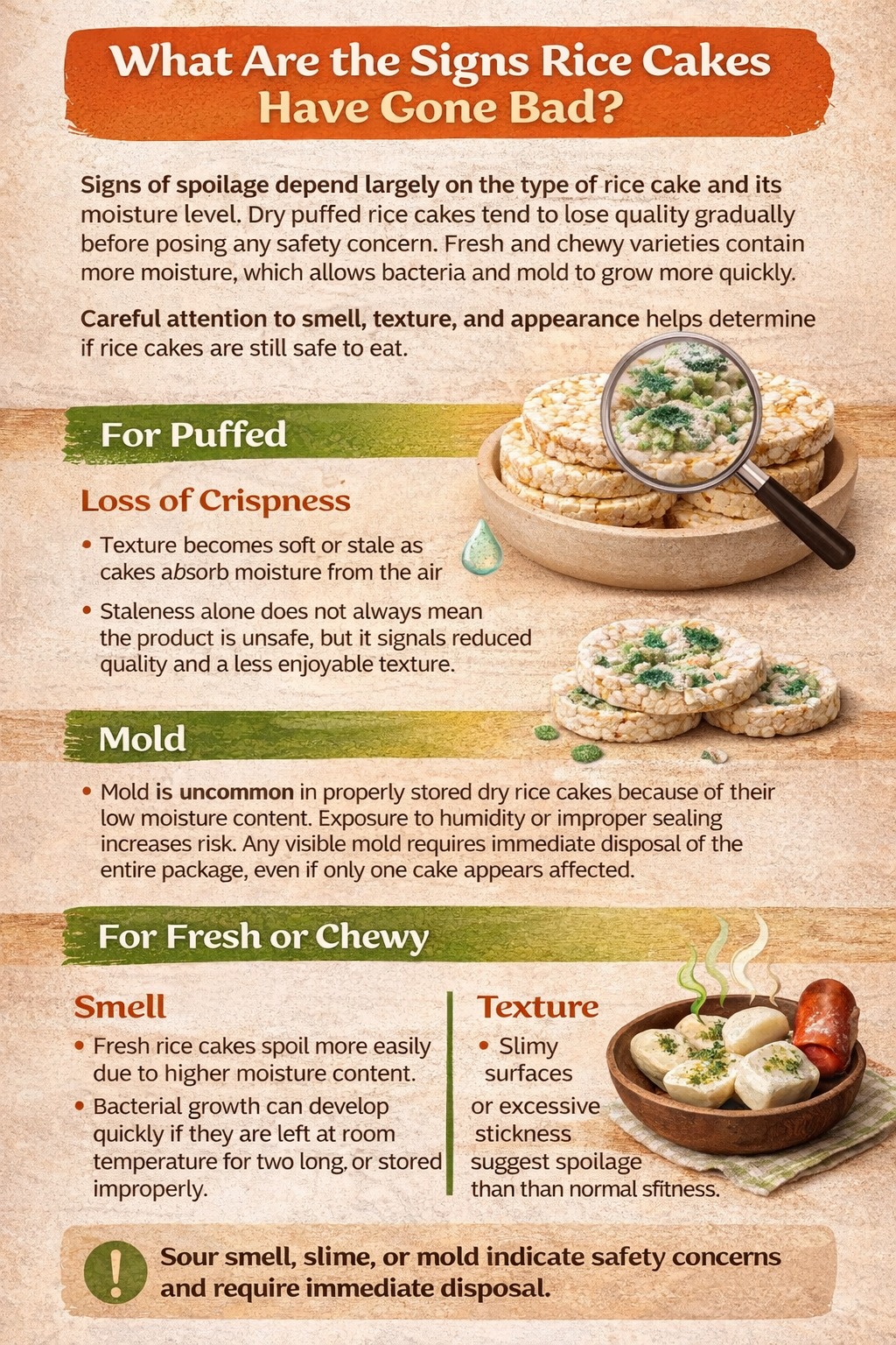 Infographic explaining signs of spoiled rice cakes, including loss of crispness, mold, sour smell, and slimy texture