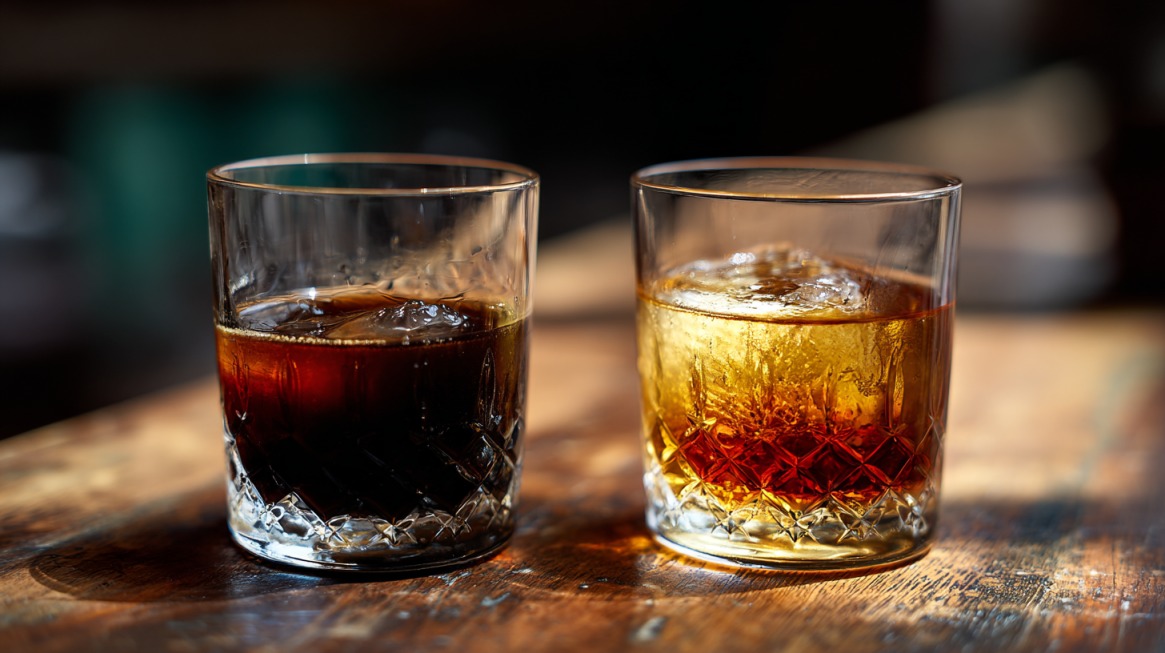 Two glasses with dark and golden liqueurs over ice on a wooden table