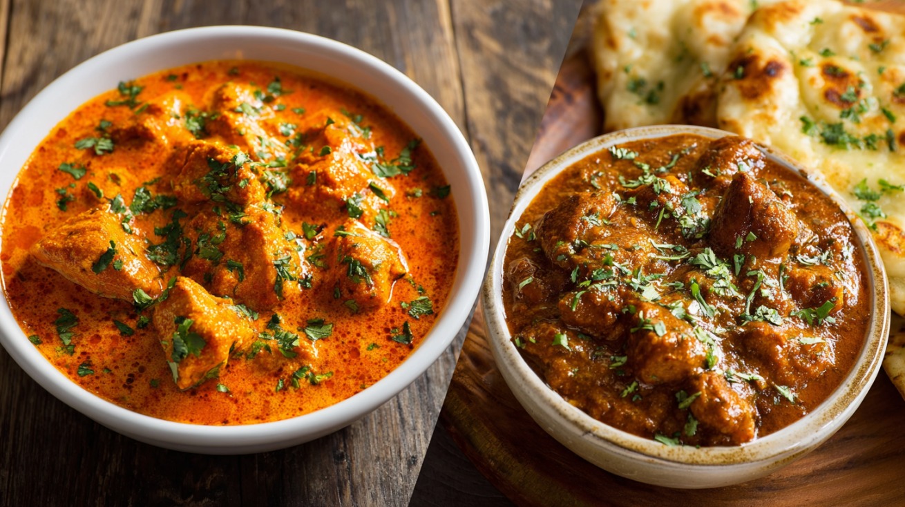Side by side image of two bowls of Indian curry on a wooden surface, one bright orange butter chicken and one darker brown chicken curry with naan bread