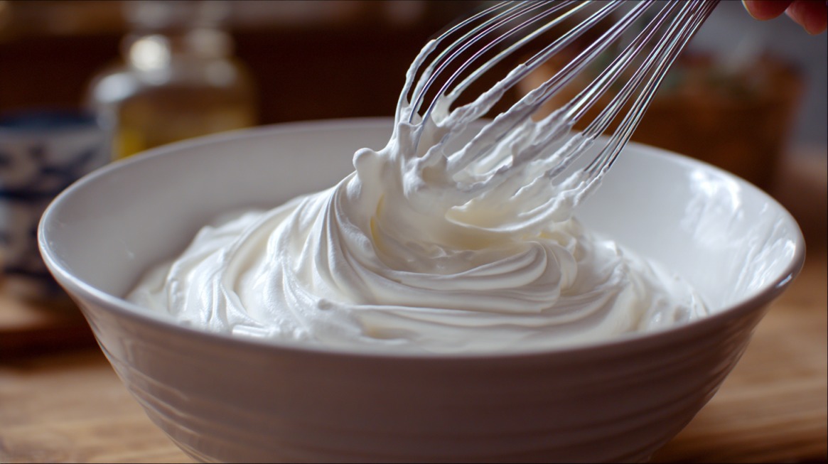 Egg whites being whipped in a bowl with a whisk, forming soft peaks