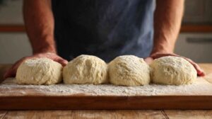 Hands portioning dough into equal pieces on a floured surface