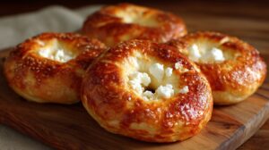 Golden brown cottage cheese bagels topped with sesame seeds and soft cheese centers on a wooden board