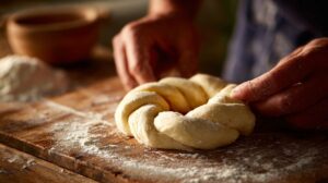 Hands shaping dough into a twisted bagel form on a floured wooden board