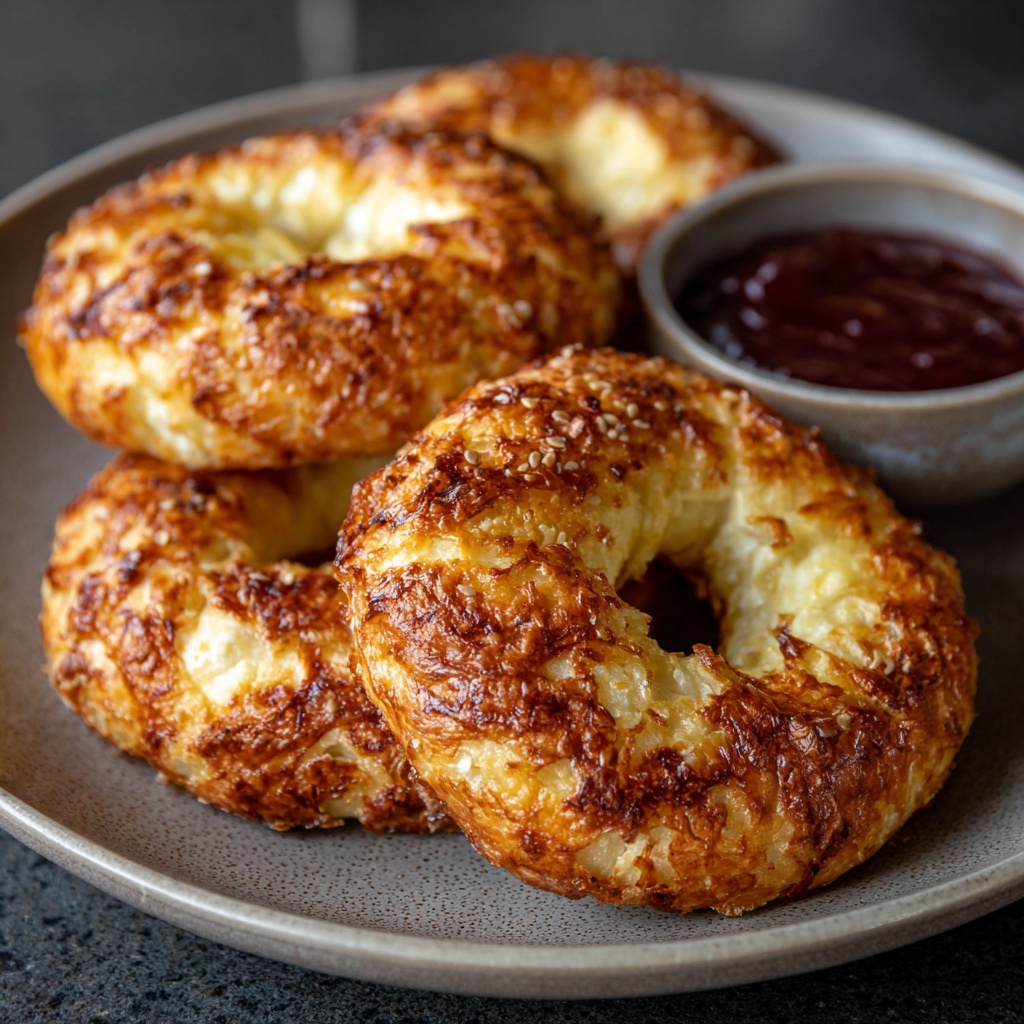 Plate of baked cottage cheese bagels with a crispy crust and a side of jam