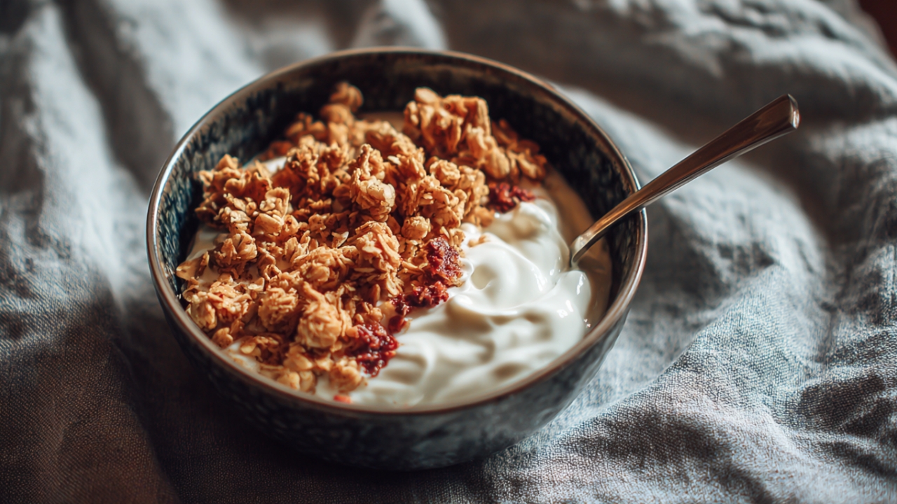 Činija grčkog jogurta sa keto granolom i kašikom na stolu