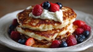 Stack of pancakes topped with cream and fresh berries on a plate