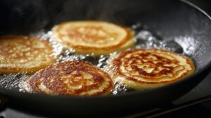 Golden brown pancakes cooking in a pan with bubbling butter