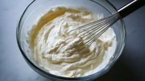 Whisk mixing a creamy batter in a glass bowl