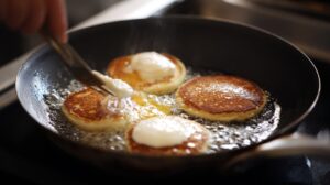 Small pancakes frying in a pan with butter being spread on top