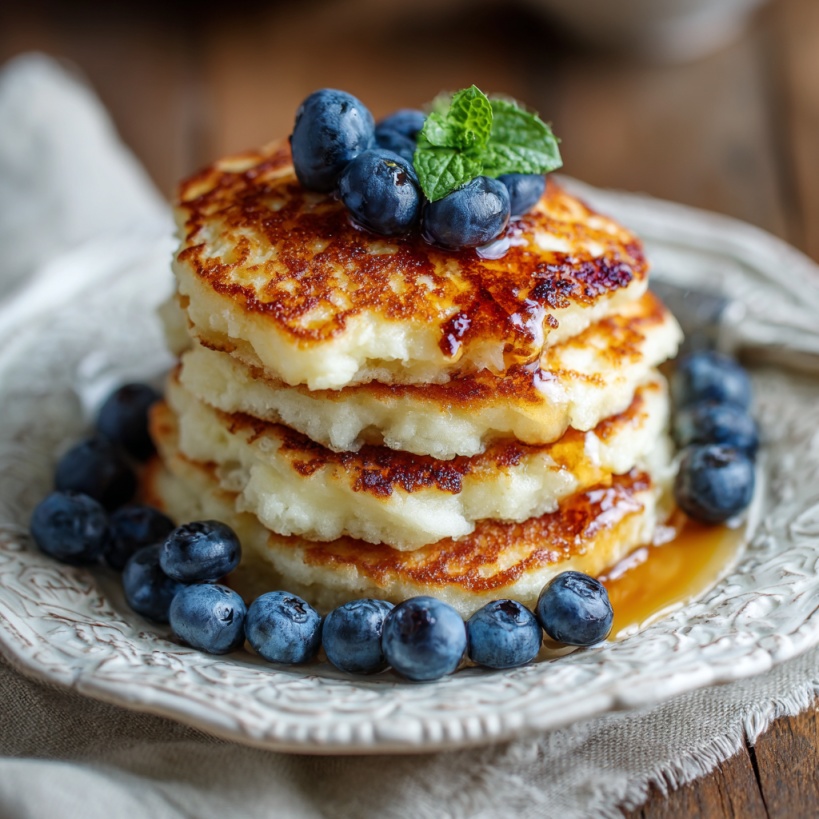 Stack of golden pancakes topped with blueberries, mint, and syrup on a plate