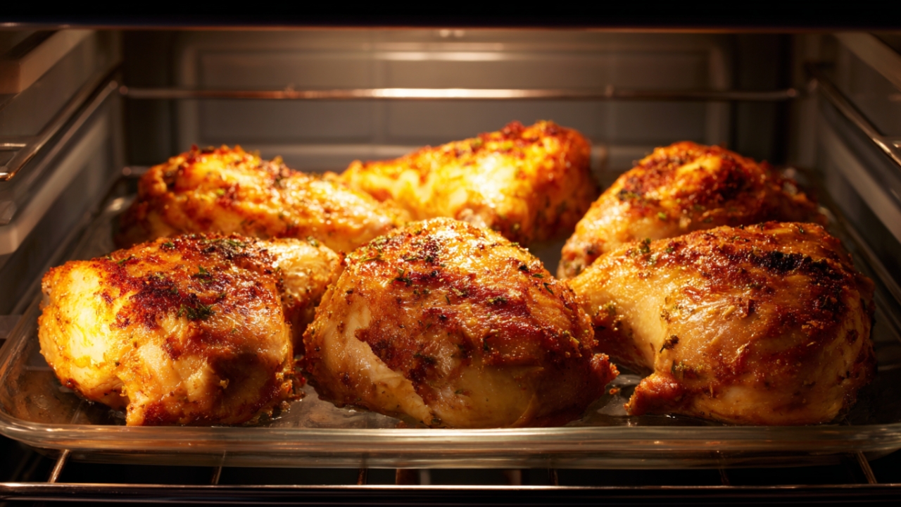 Cooked chicken pieces roasting in an oven tray with a golden crust