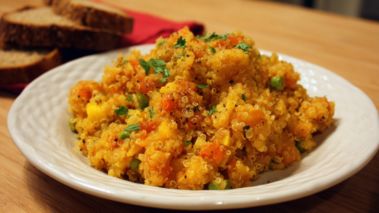 Kinoa sa povrćem servirana na tanjiru uz parče hleba