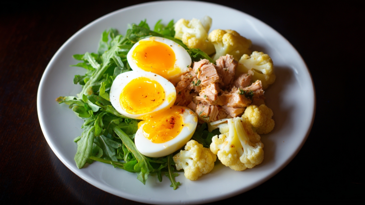 Tanjir sa kuvanim jajima, tunjevinom, karfiolom i rukolom kao keto obrok