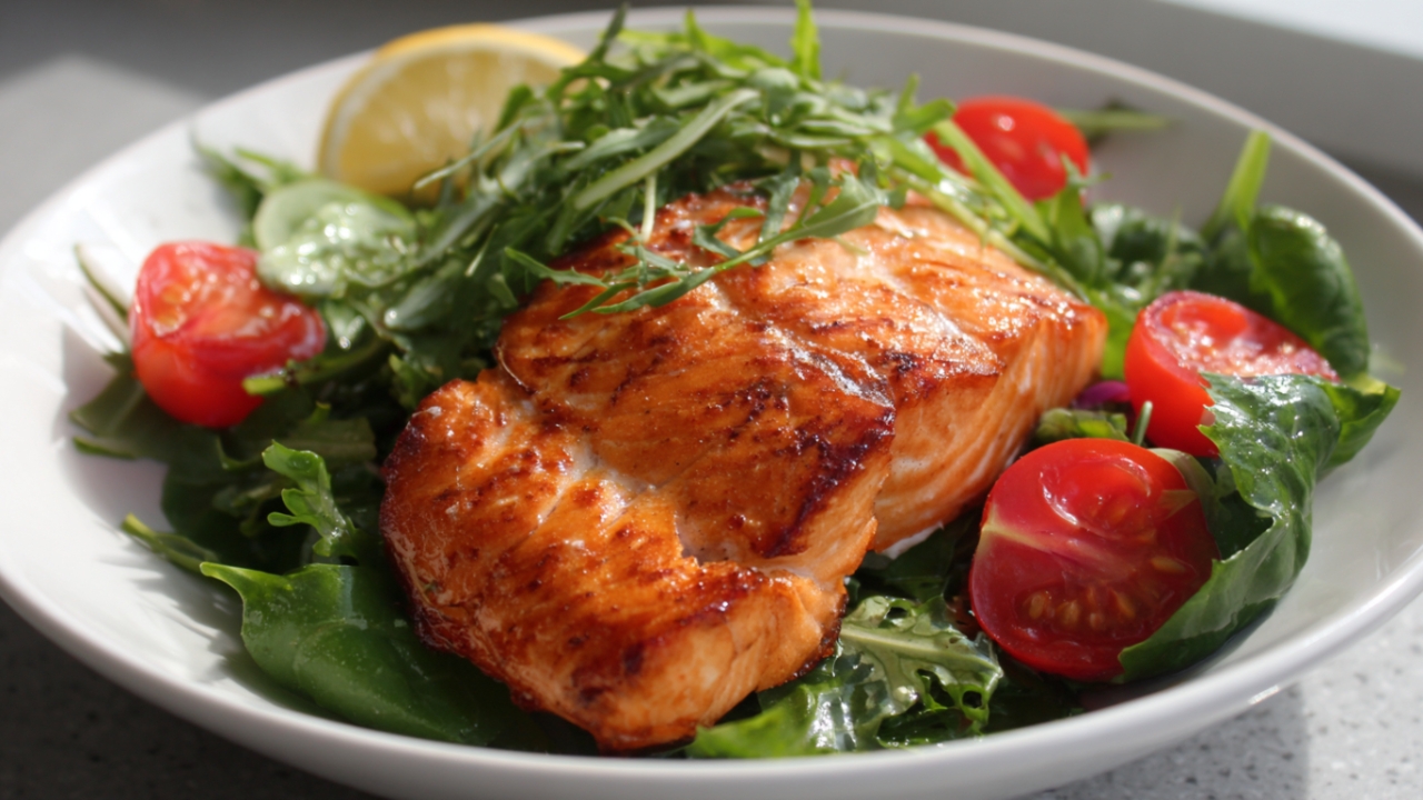 Grilovani losos sa lisnatim povrćem, čeri paradajzom i kriškom limuna na tanjiru