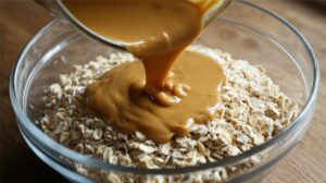 Warm peanut butter mixture being poured over oats in a glass bowl