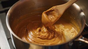 Peanut butter and honey mixture being stirred in a saucepan with a wooden spoon