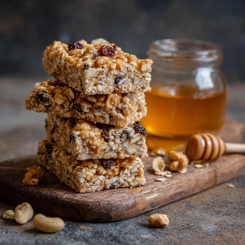 Stack of no-bake oat bars with nuts and dried fruit beside a jar of honey