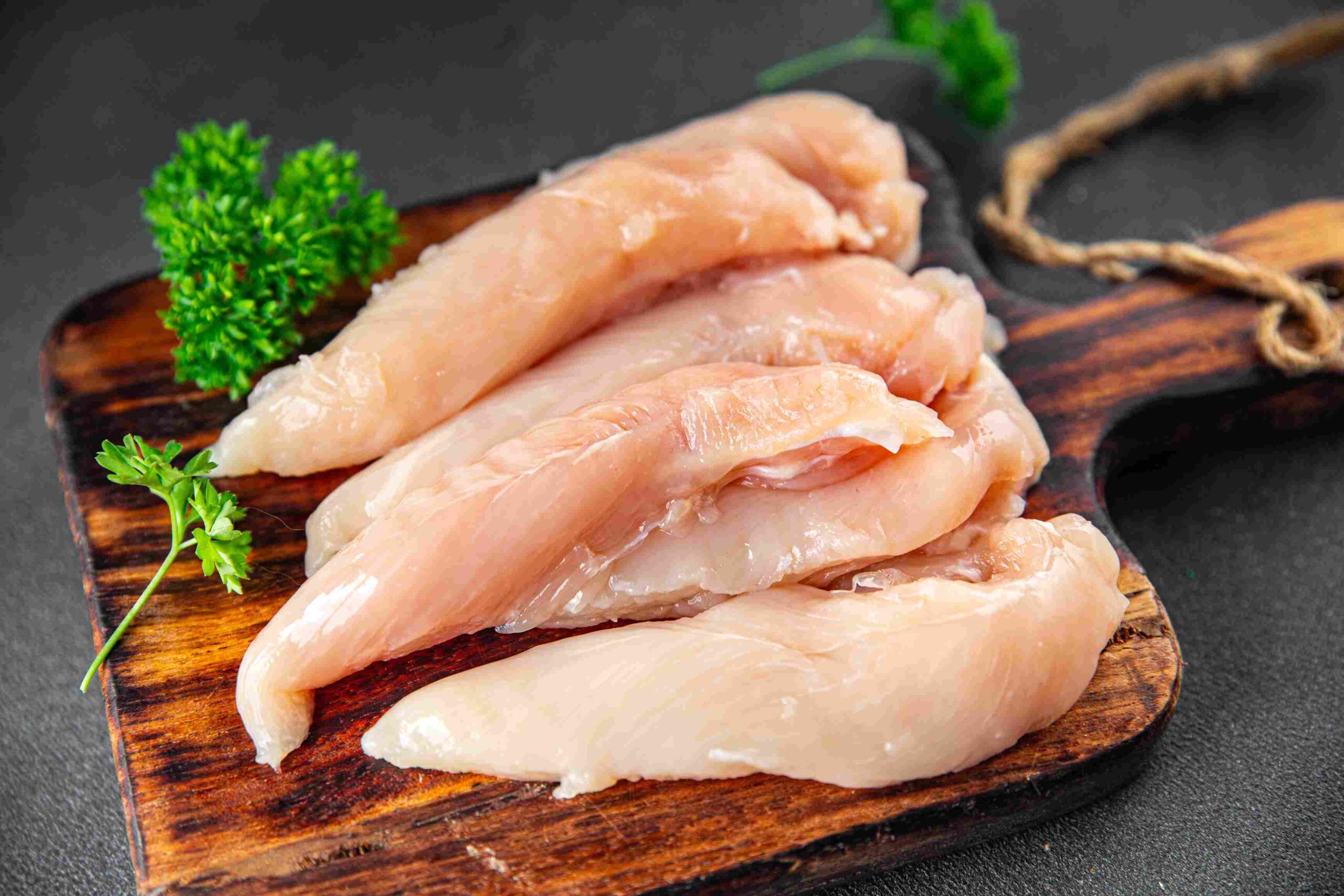 Sveže sirovo pileće meso na drvenoj dasci sa začinskim biljem