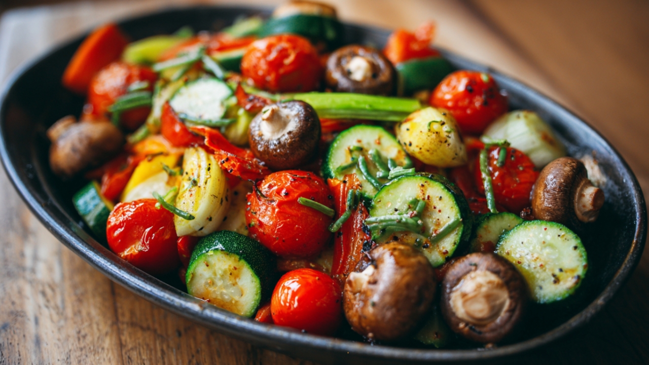 Mešano povrće sa tikvicama, paradajzom i pečurkama servirano u tanjiru