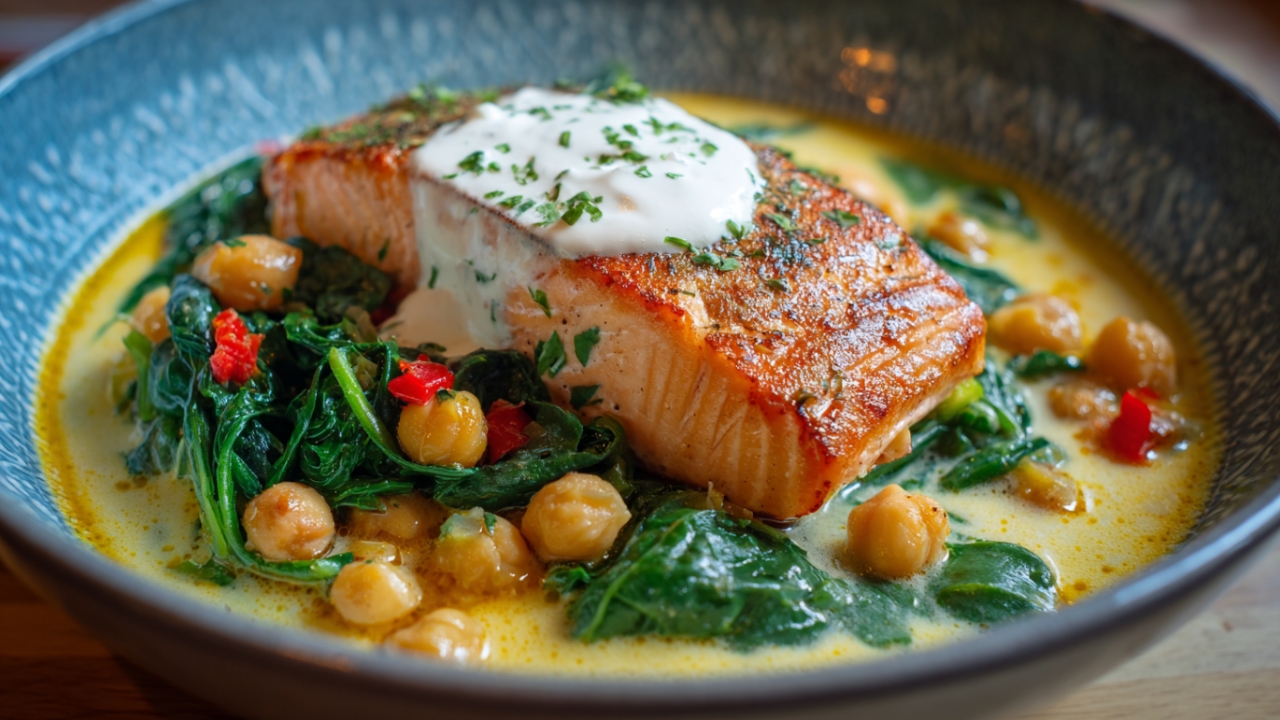 Losos sa leblebijama i spanaćem preliven sosom serviran u tanjiru