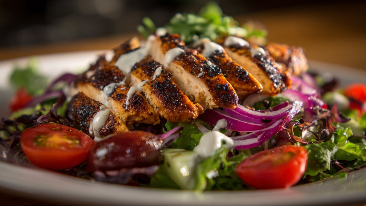 Salata sa grilovanom piletinom, svežim povrćem i prelivom na tanjiru