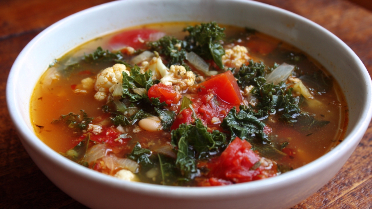 Čorba od povrća sa keljom, paradajzom i belim pasuljem kao lagana večera bez hleba
