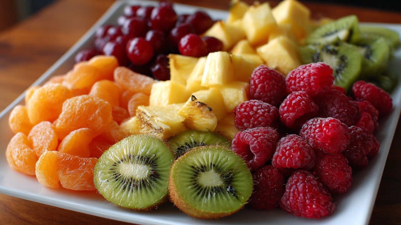 Sveže voće sa kivijem, malinama, ananasom i mandarinama servirano na tanjiru