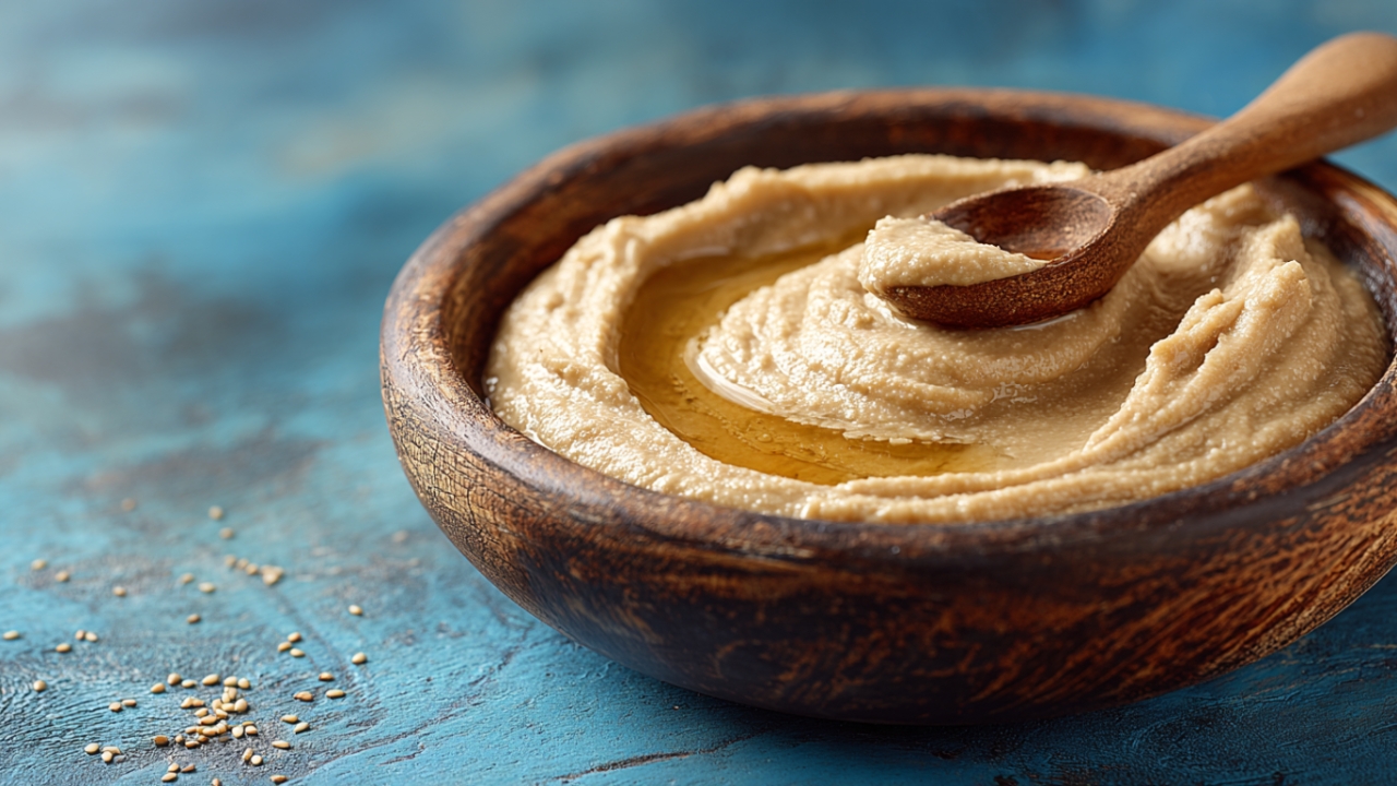 Bowl of creamy tahini with olive oil and a wooden spoon on a blue surface