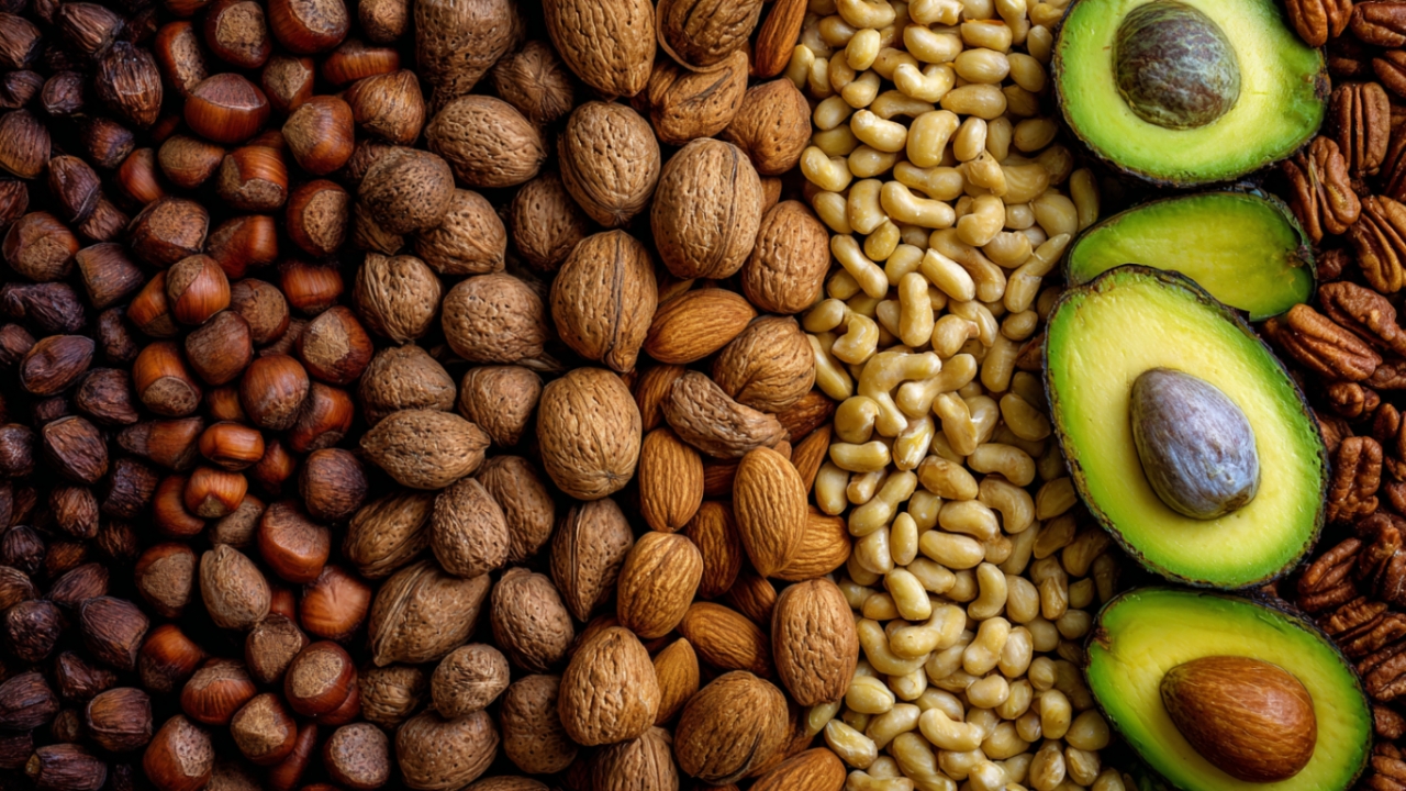 Različiti orašasti plodovi, semenke i avokado raspoređeni jedan pored drugog