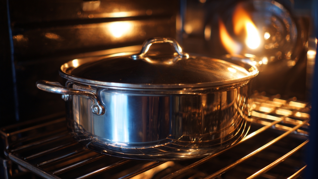 All-Clad pot with a lid sits inside a heated oven