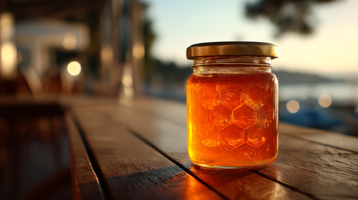 Glass jar of golden honey sitting on a wooden table during sunset