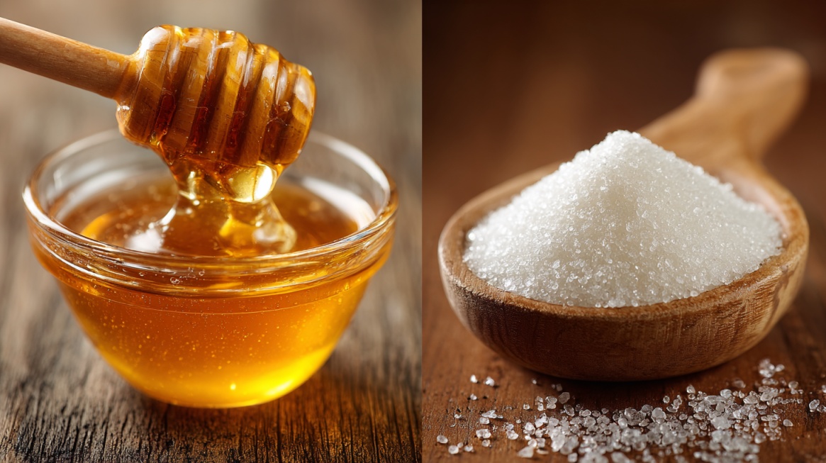 Side by side comparison of honey in a glass bowl and white sugar in a wooden spoon
