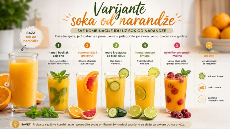 Čaše soka od narandže sa različitim dodacima poput nane, bosiljka, grejpfruta, krastavca, limete i smrznutih malina u kuhinjskom ambijentu.