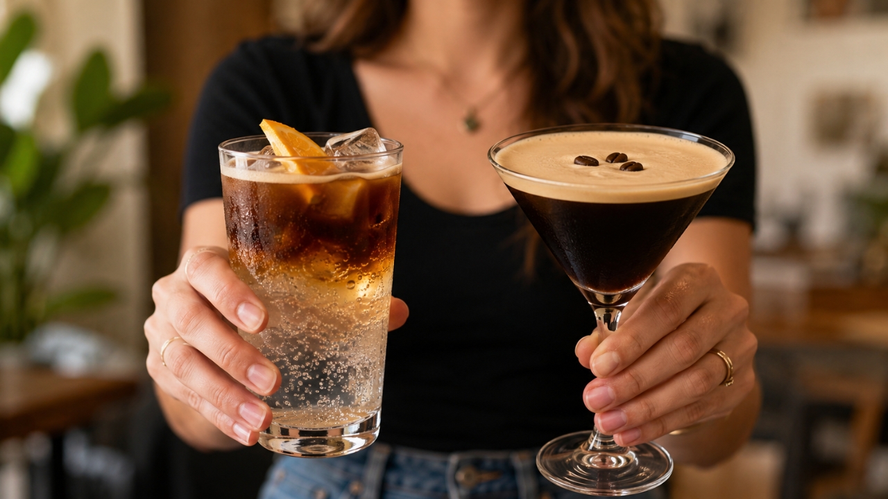 Woman holds an espresso tonic and espresso martini