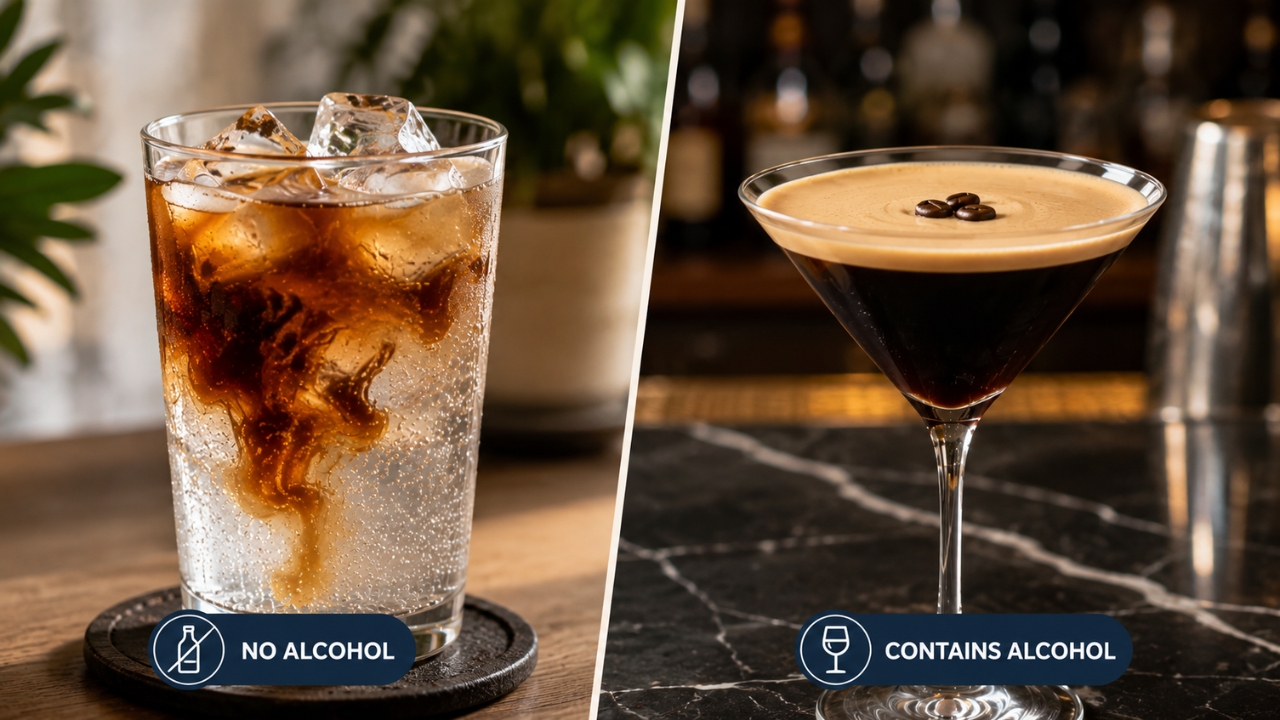Espresso tonic beside an espresso martini in a split-screen alcohol comparison