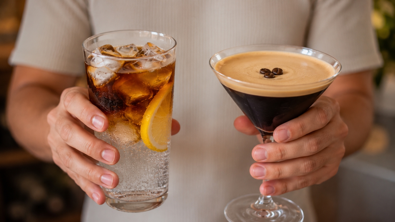 Person holds an espresso tonic and an espresso martini close to the camera