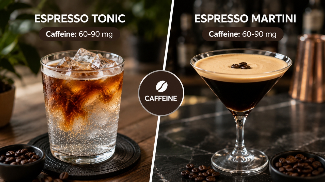 Espresso tonic and espresso martini shown side by side with caffeine amounts
