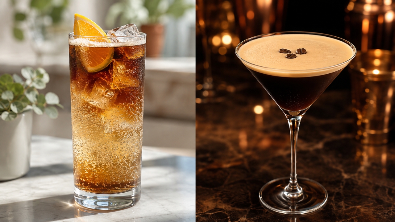 Espresso tonic and espresso martini shown side by side in contrasting settings